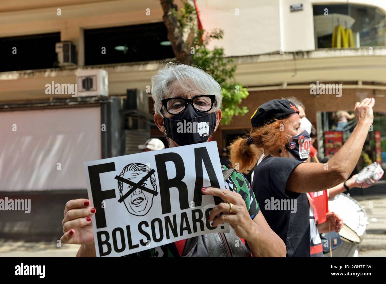September 7, 2021: Holding signs with slogan ‘Bolsonaro out’ marchers gathered in Rio de Janeiro to protest against Brazilian president Jair Bolsonaro Stock Photo