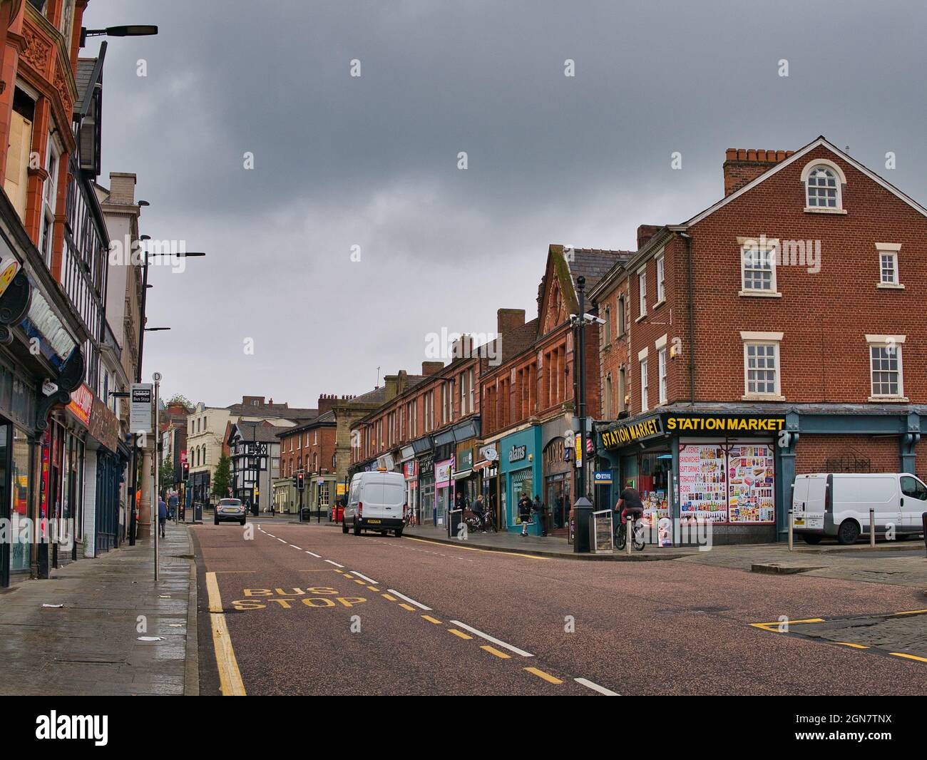 A view of Wallgate in Wigan, Lancashire, England, UK. The railway