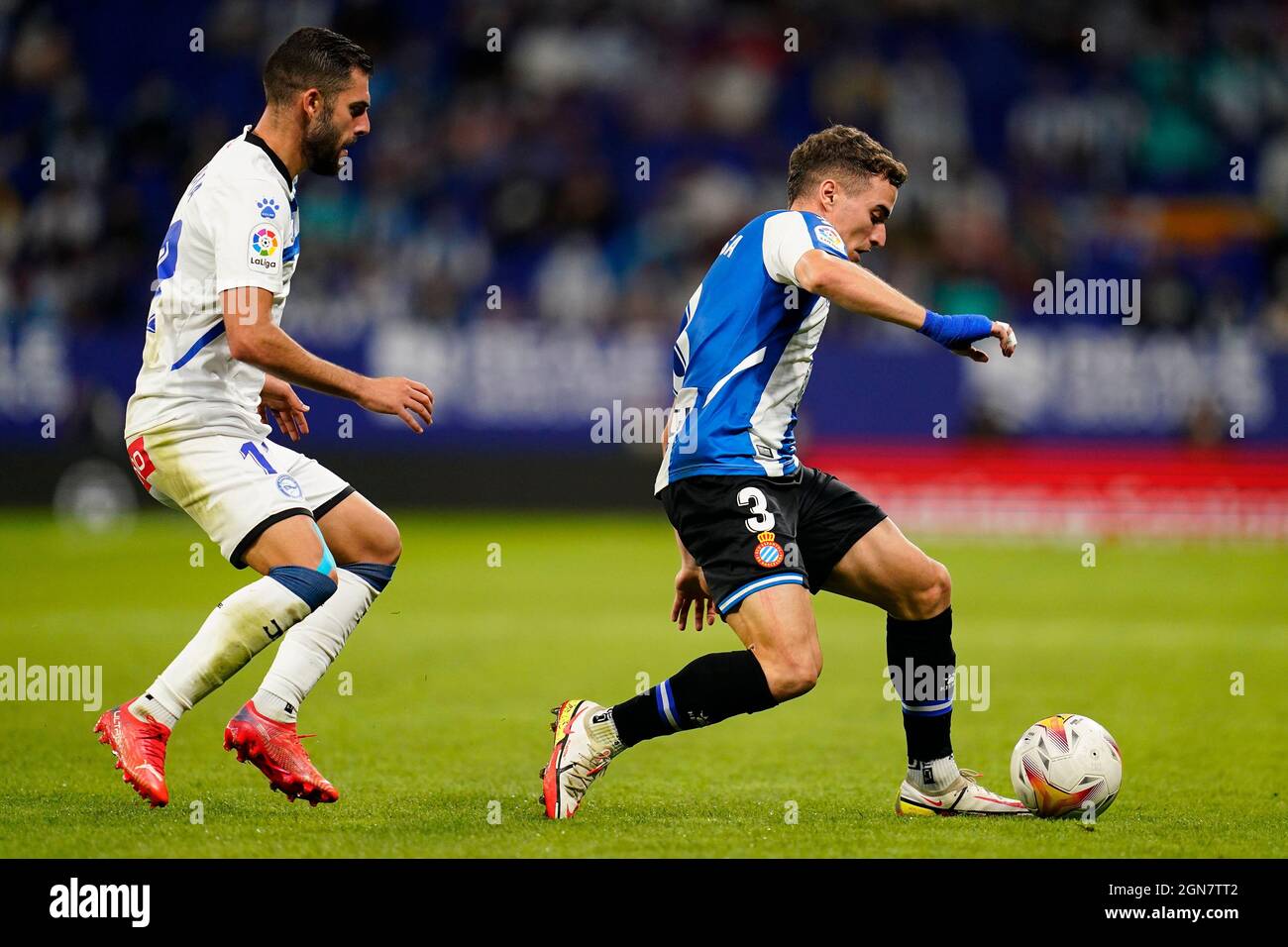 Luis Rioja of Deportivo Alaves and Adria Pedrosa of RCD Espanyol during the  La Liga match between RCD Espanyol v Deportivo Alaves played at RCDE  Stadium on September 22, 2021 in Barcelona,