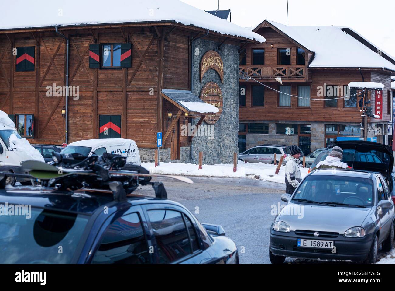 Bansko, modern architecture, famous ski resort, car roof with ski rack ...
