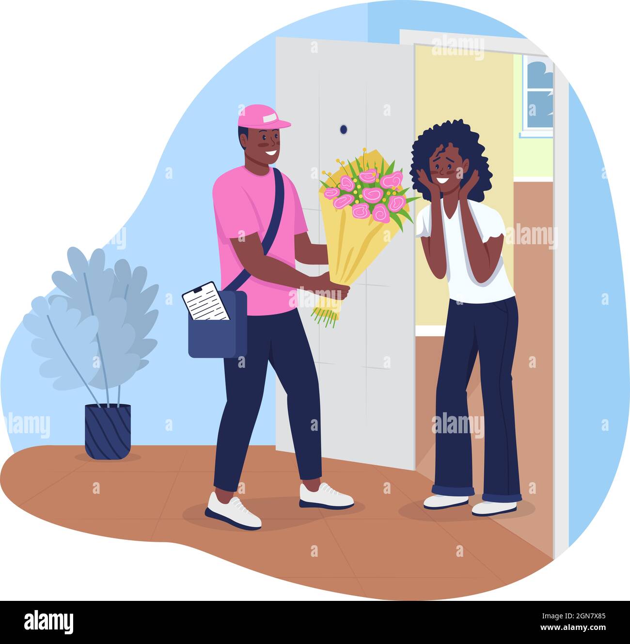 Man delivering bouquet 2D vector isolated illustration Stock Vector