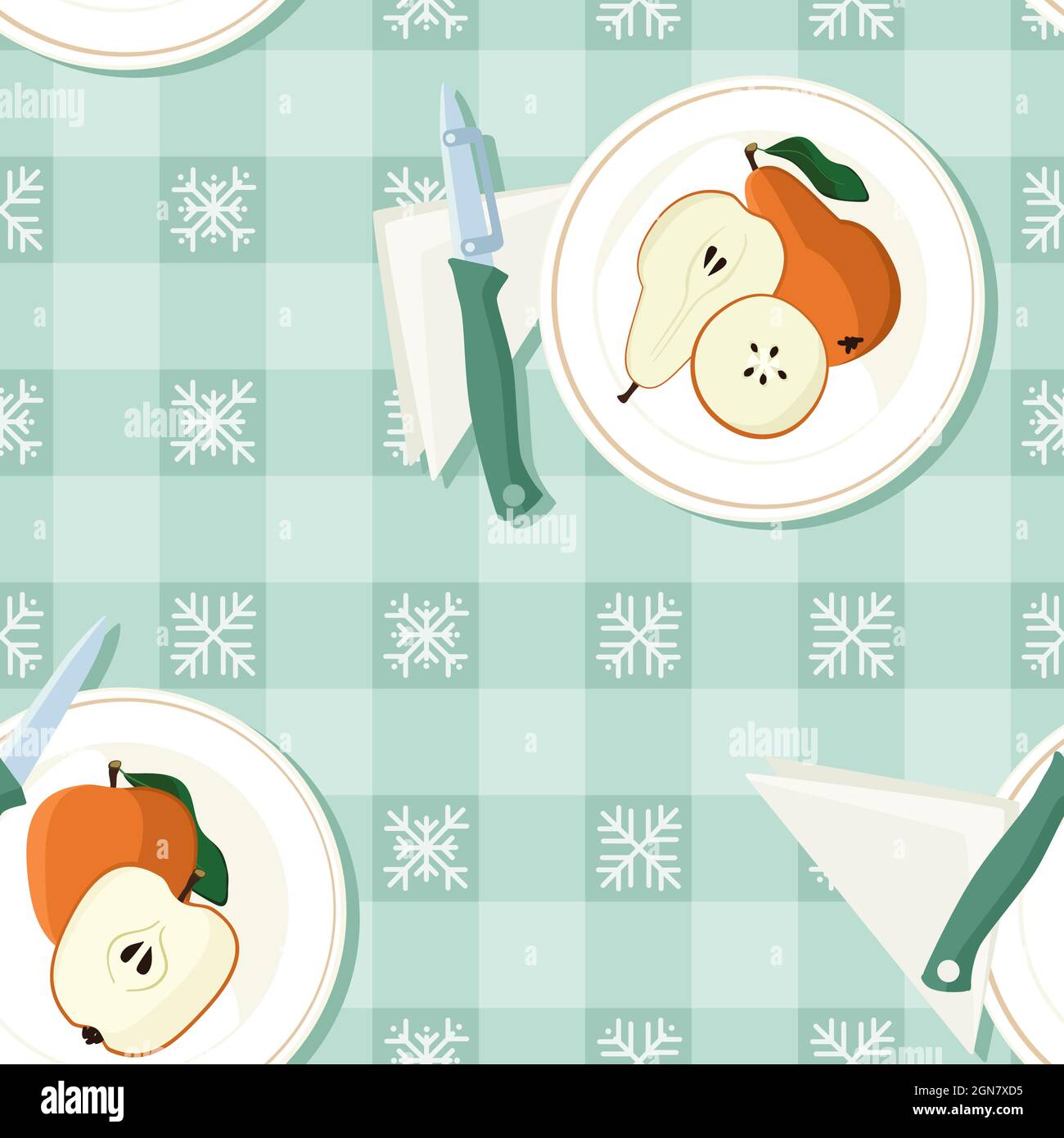 Apple and pear served on a plate - vector background Stock Vector