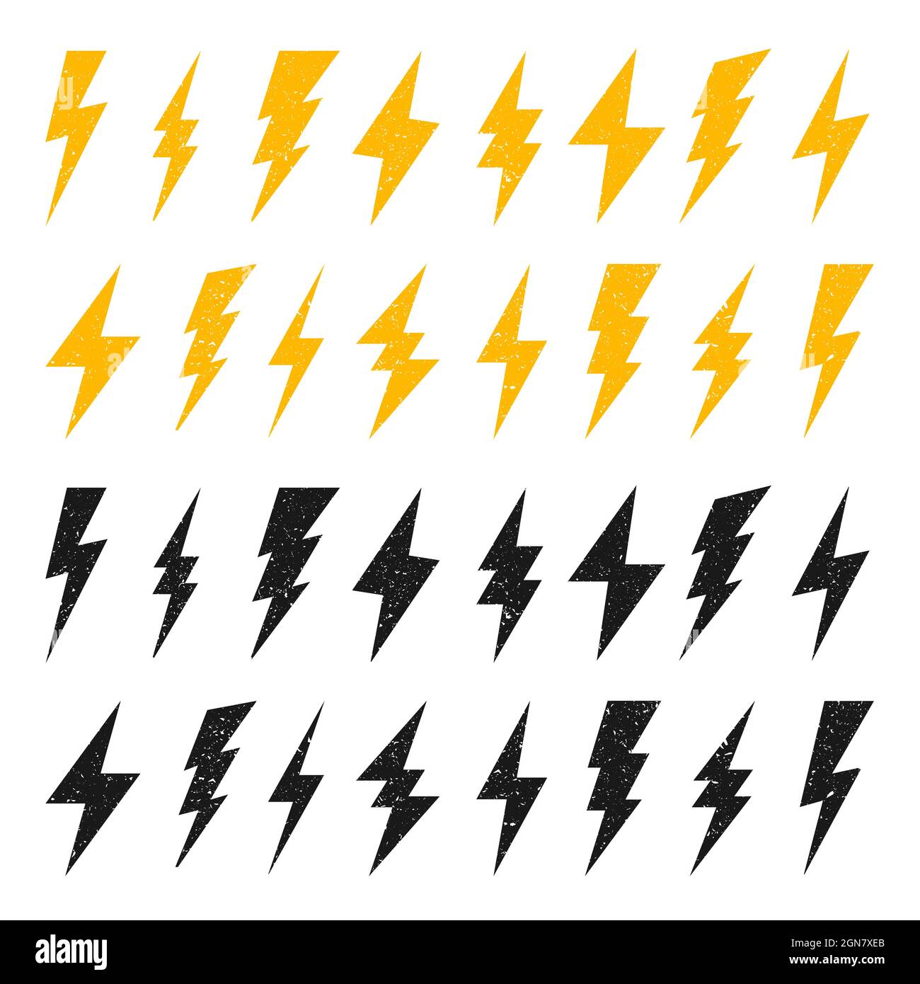 Yellow and black lightning bolt icons with grunge texture isolated on ...