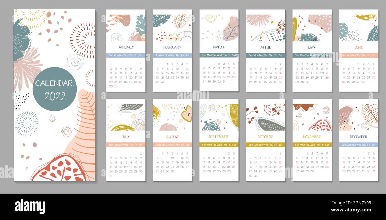 2022 trendy calendar design. Set of 12 months. Week starts on Sunday.Editable calender page template format.Abstract artistic vector illustration.Cute Stock Vector