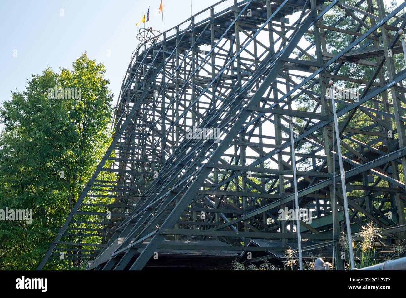 Superstructure of the lift hill on a wooden roller coaster Stock Photo