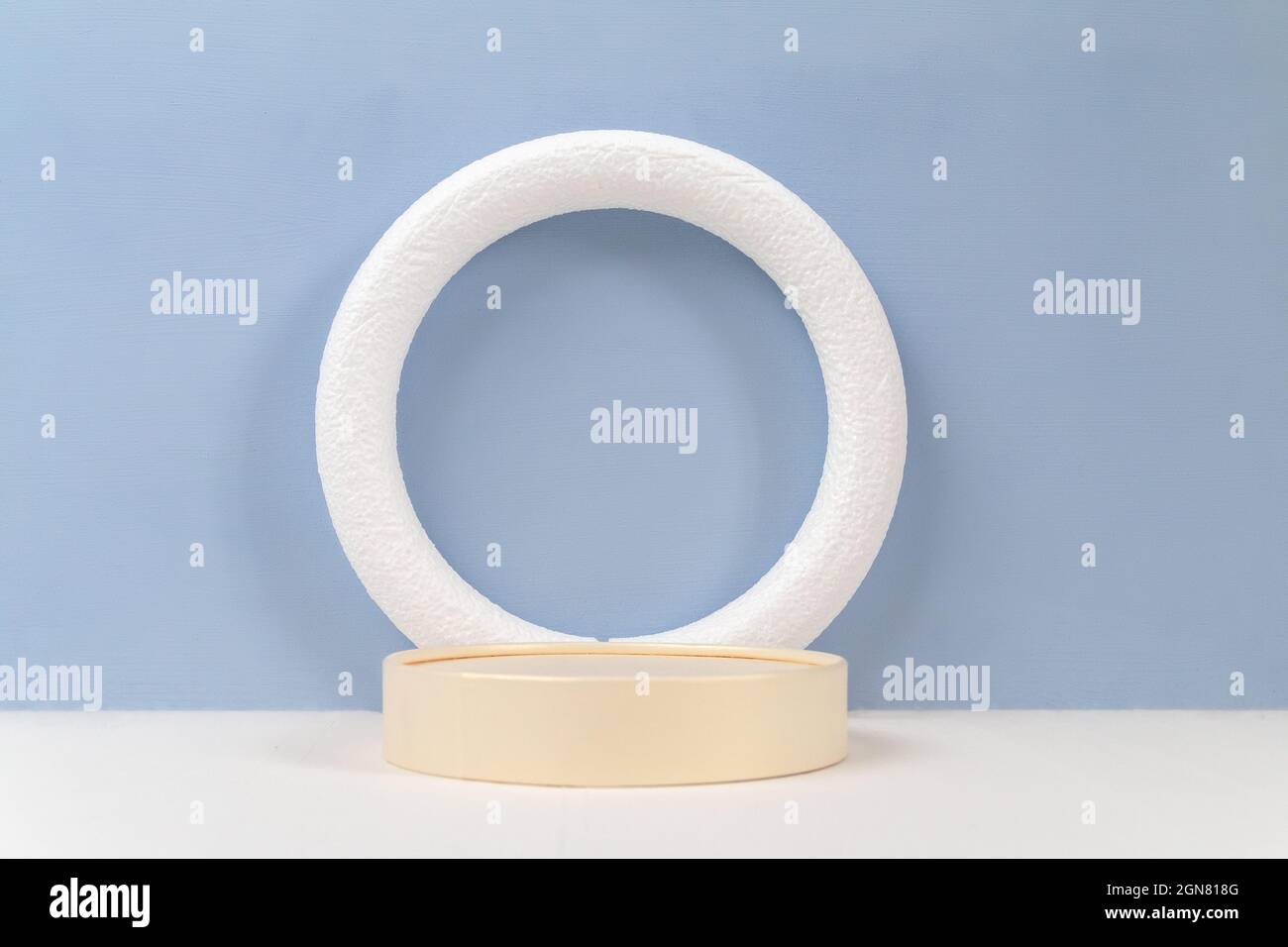 empty circle frame for object presentation or text against light blue background Stock Photo