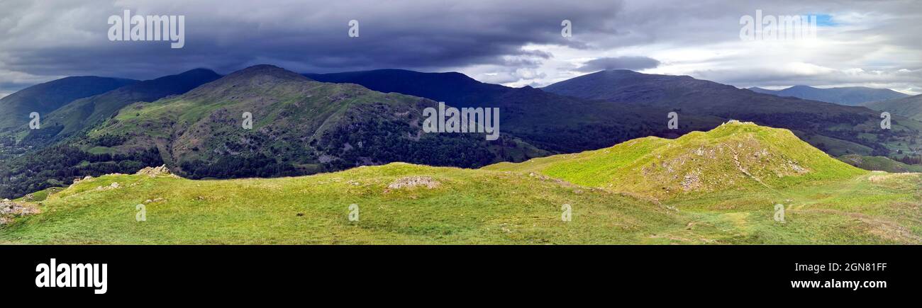 Panoramic view taken from Loughrigg Fell in the lake district on a stormy day Stock Photo