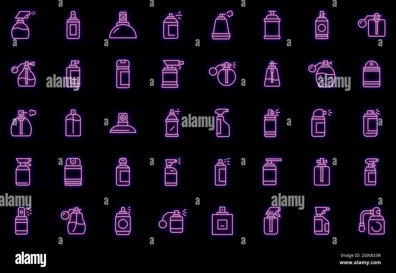 Spray bottle icons set. Outline set of spray bottle vector icons neon ...