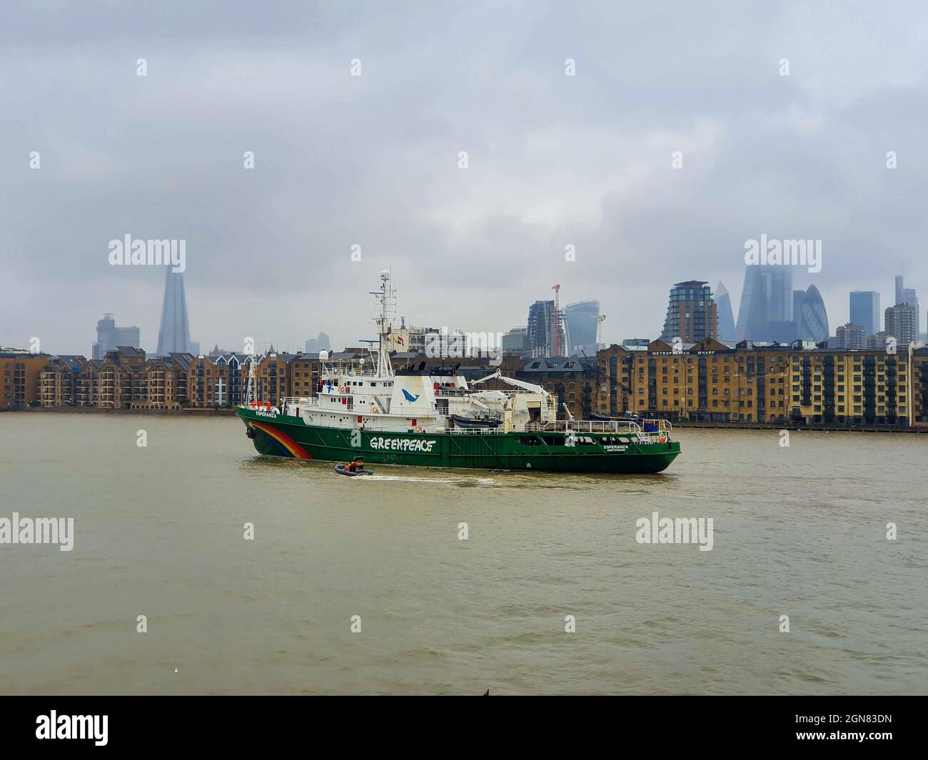 LONDON, UNITED KINGDOM - Sep 07, 2021: MV Esperanza sails up the thames near rotherhithe & wapping Stock Photo