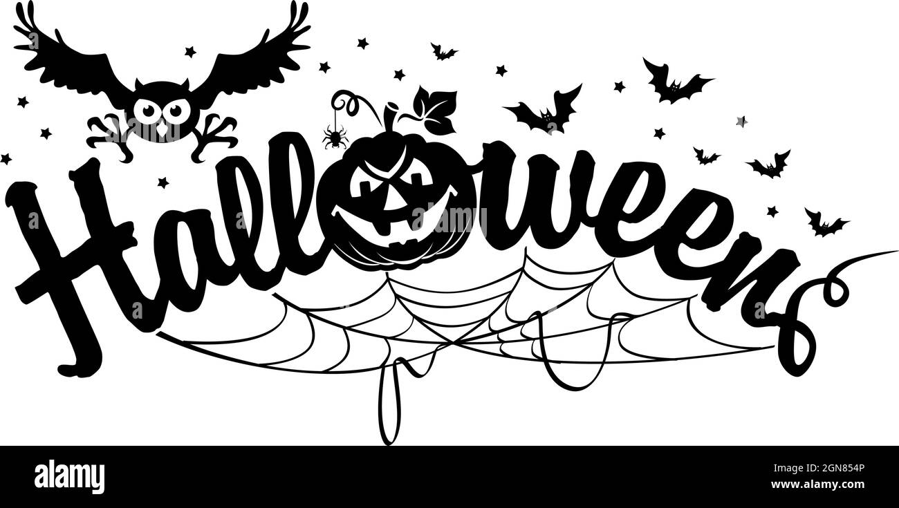 Halloween black and white poster with horror elements.  Cartoon pumpkin, owl, bat, spider for decoration greeting card. Vector on transparent backgrou Stock Vector