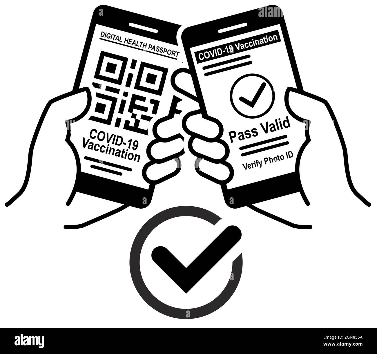 Verification Digital Health Passport on smartphone in hand. Scanning vaccination QR-code. Quarantine measures against coronavirus. Vector Stock Vector