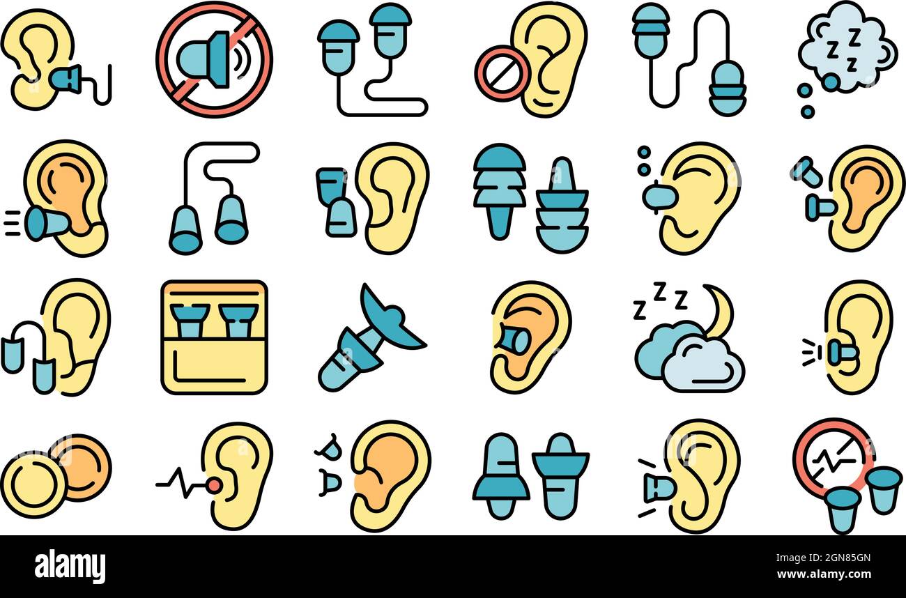 Earplugs icons set outline vector. Anti care device. Ear plug ...