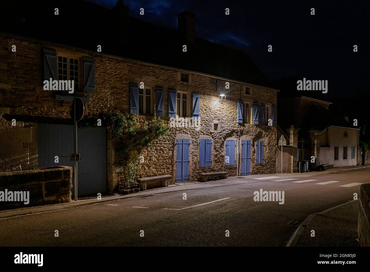 Village Houses at night in Beze, Cote d'Or, Burgundy, France. Stock Photo