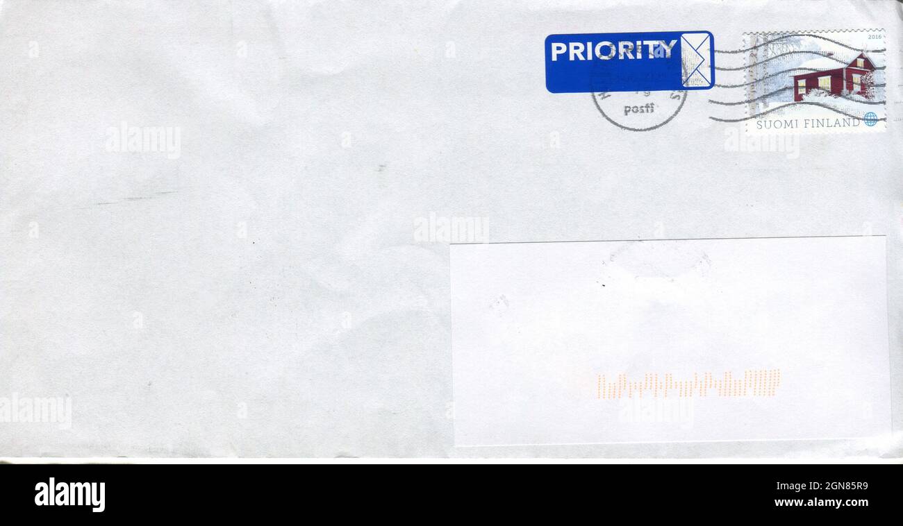 GOMEL, BELARUS - SEPTEMBER 23, 2021: Old envelope which was dispatched from Finland to Gomel, Belarus, August 12, 2021. Stock Photo