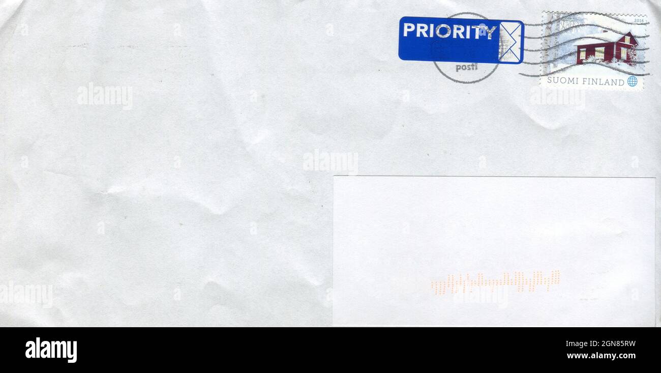 GOMEL, BELARUS - SEPTEMBER 23, 2021: Old envelope which was dispatched from Finland to Gomel, Belarus, August 12, 2021. Stock Photo