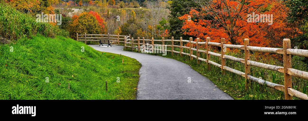 Panoramic view of the park bench in the public park Stock Photo