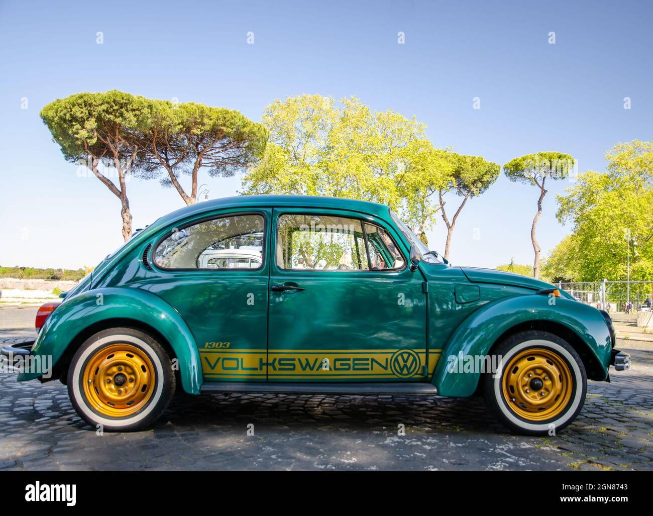 Rome, Italy. April 2021. Volkswagen Beetle 1303 green color. Iconic symbol of a generation. The Beetle is the best known German car in the world Stock Photo