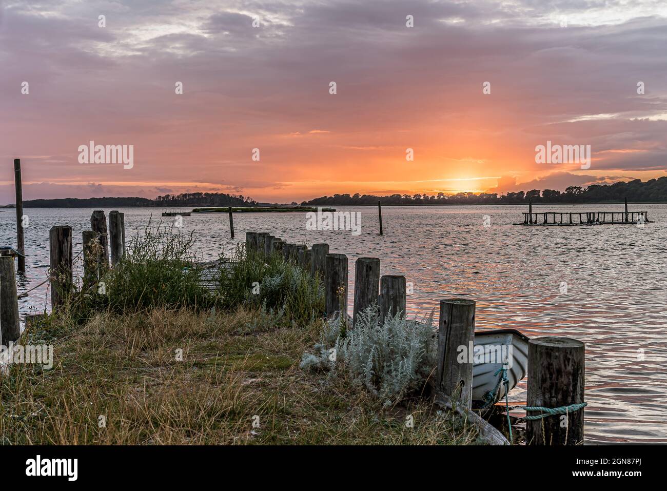 a jetty of old piles at the shore and a moored rowing boat in the sunset Stock Photo