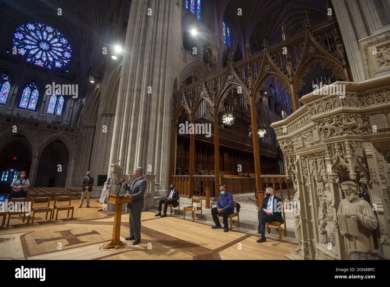 Washington, United States. 23rd Sep, 2021. Dean of the Washington National Cathedral Randy Hollerith announces the cathedral has commissioned American artist Kerry James Marshall and poet Elizabeth Alexander to create new racial justice themed stained glass windows and inscriptions for the cathedral's southern wall on Thursday, September 23, 2021. The new windows will replace ones removed in 2017 featuring Confederate generals Robert E. Lee and Thomas 'Stonewall' Jackson. Photo by Bonnie Cash/UPI Credit: UPI/Alamy Live News Stock Photo