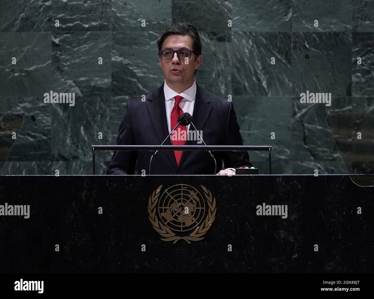 New York, United States. 23rd Sep, 2021. Stevo Pendarovski, President, Republic of North Macedonia speaks at the 76th session of the United Nations General Assembly (UNGA) at U.N. headquarters on September 23, 2021 in New York City. Pool Photo by Timothy A. Clary Credit: UPI/Alamy Live News Stock Photo