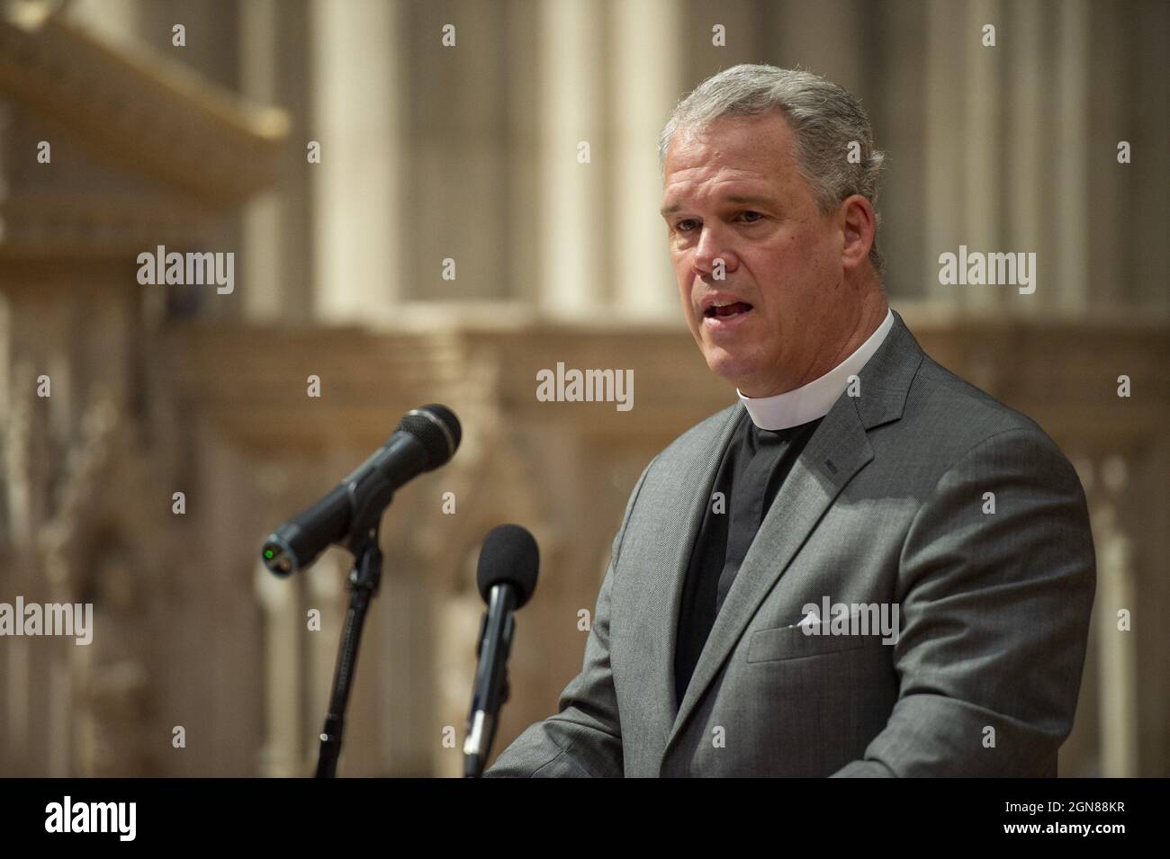 Washington, United States. 23rd Sep, 2021. Dean of the Washington National Cathedral Randy Hollerith announces cathedral has commissioned American artist Kerry James Marshall and poet Elizabeth Alexander to create new racial justice themed stained glass windows and inscriptions for the cathedral's southern wall on Thursday, September 23, 2021. The new windows will replace ones removed in 2017 featuring Confederate generals Robert E. Lee and Thomas 'Stonewall' Jackson. Photo by Bonnie Cash/UPI Credit: UPI/Alamy Live News Stock Photo