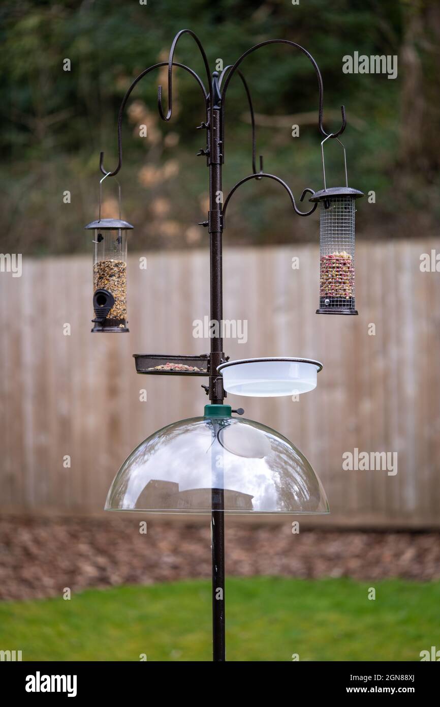 Bird feeders on black ornimental decorative black system pole set up