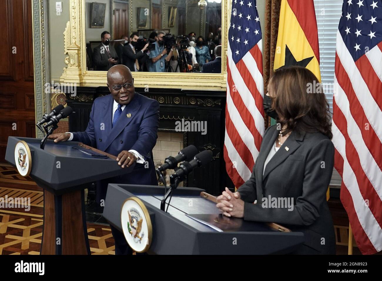 Washington, United States. 23rd Sep, 2021. U.S. Vice President Kamala Harris and President of Ghana Nana Akufo-Addo face reporters before their meeting in the Ceremonial Office at the White House on September 23, 2021. Photo by Yuri Gripas/UPI Credit: UPI/Alamy Live News Stock Photo