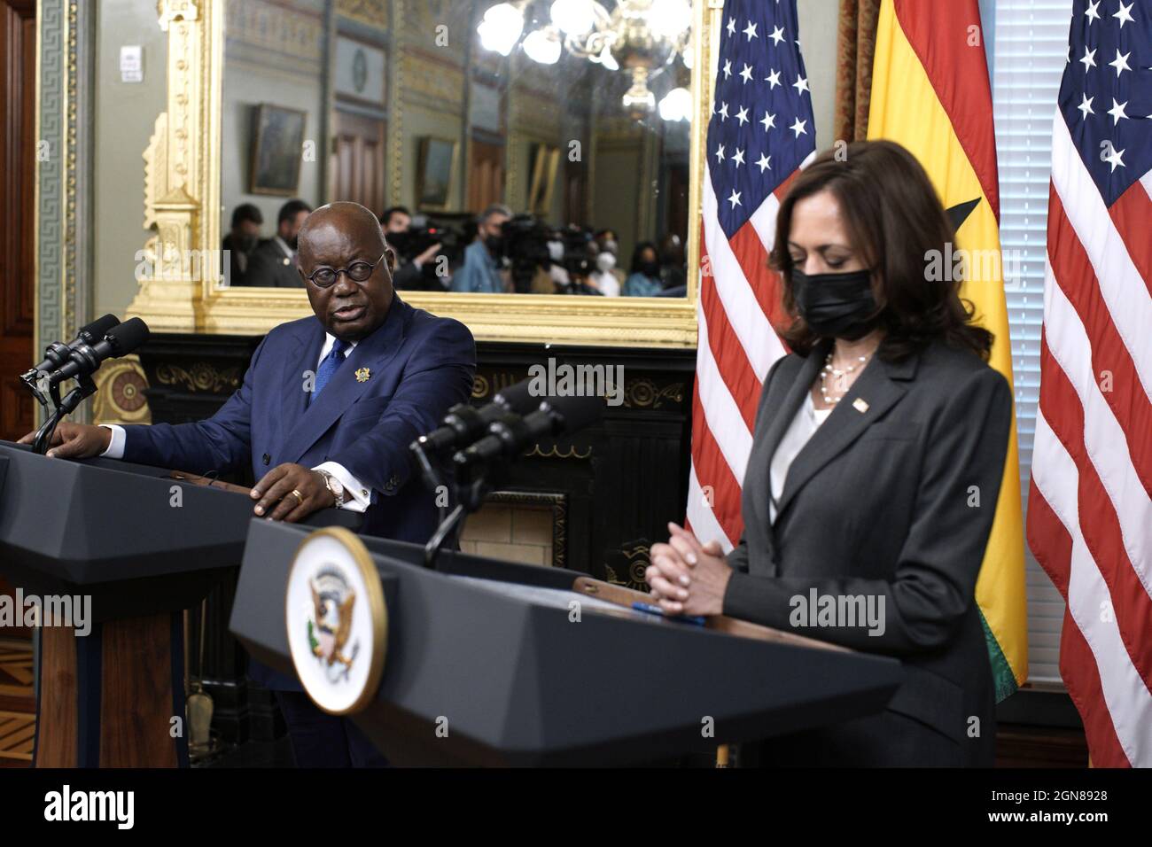 Washington, United States. 23rd Sep, 2021. U.S. Vice President Kamala Harris and President of Ghana Nana Akufo-Addo face reporters before their meeting in the Ceremonial Office at the White House on September 23, 2021. Photo by Yuri Gripas/UPI Credit: UPI/Alamy Live News Stock Photo