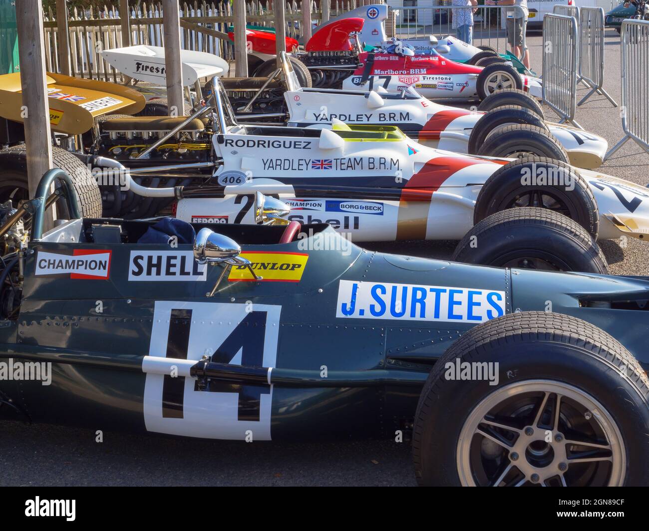 Line of BRM racing cars at the Goodwood Revival 2021, West Sussex, uk ...