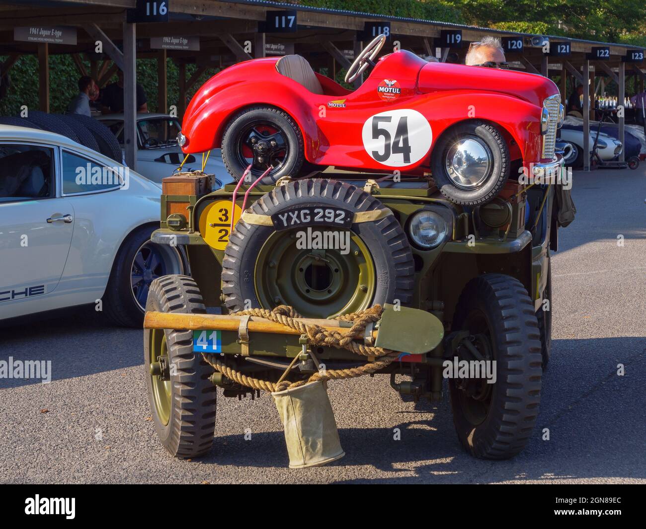Austin J40 on a Jeep at the Goodwood Revival 2021, West Sussex, uk Stock Photo