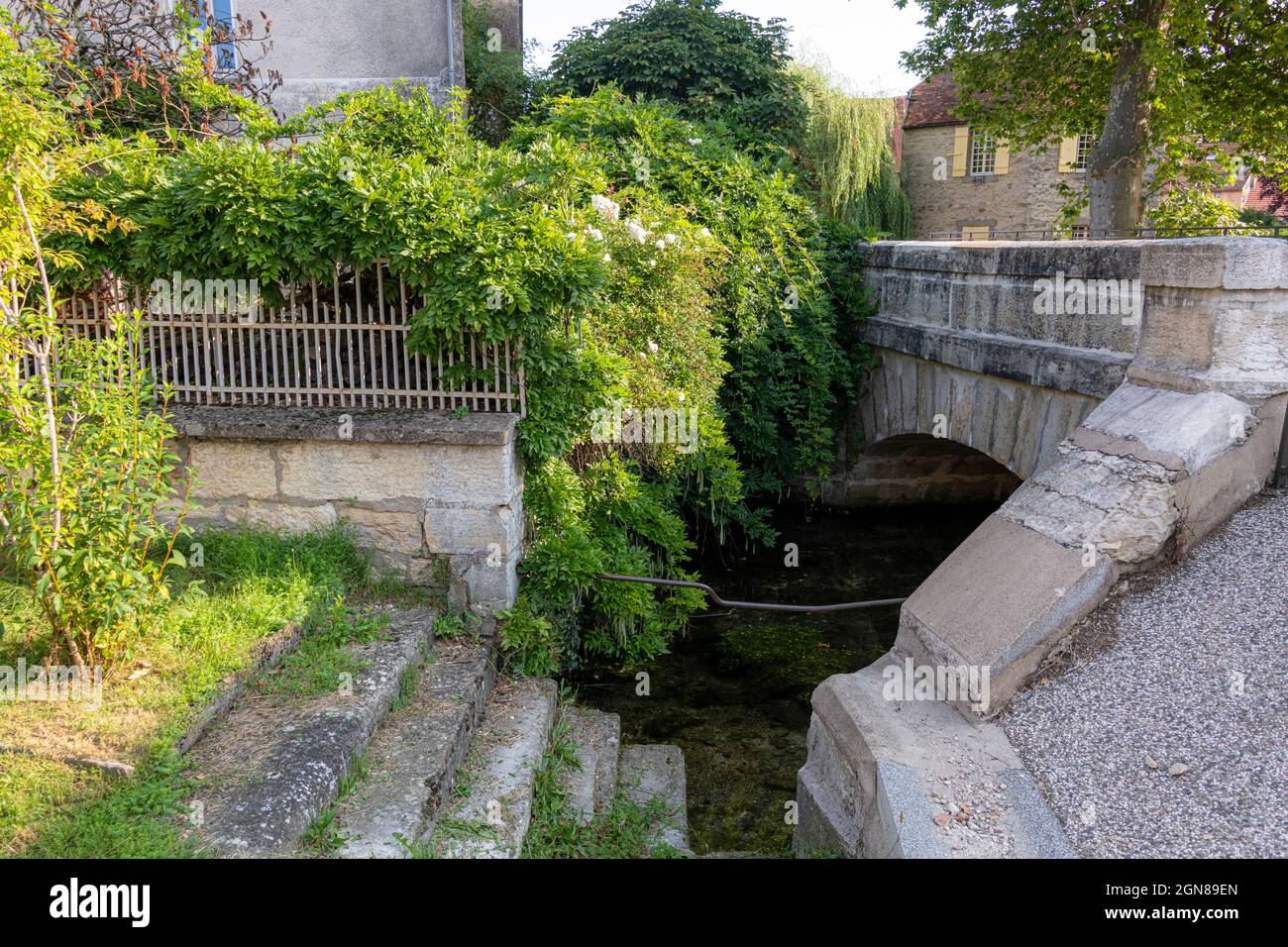 Steps leading down to the River Beze, Burgundy, France. Stock Photo