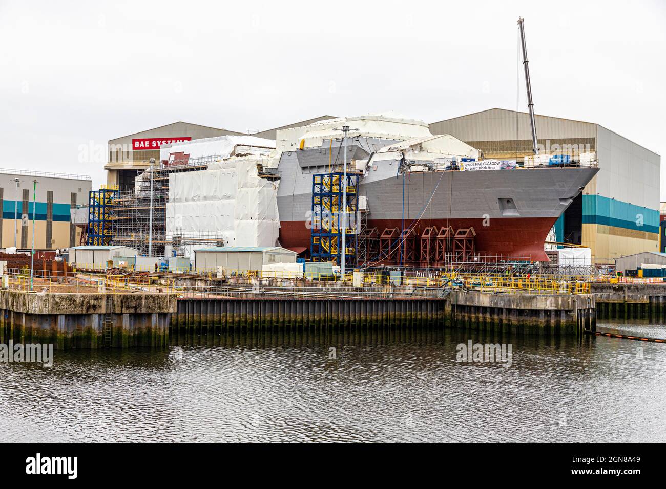 HMS Glasgow the first City Class Type 26 frigate under construction at BAE Systems shipyard on the banks of the River Clyde, Glasgow, Scotland UK Stock Photo