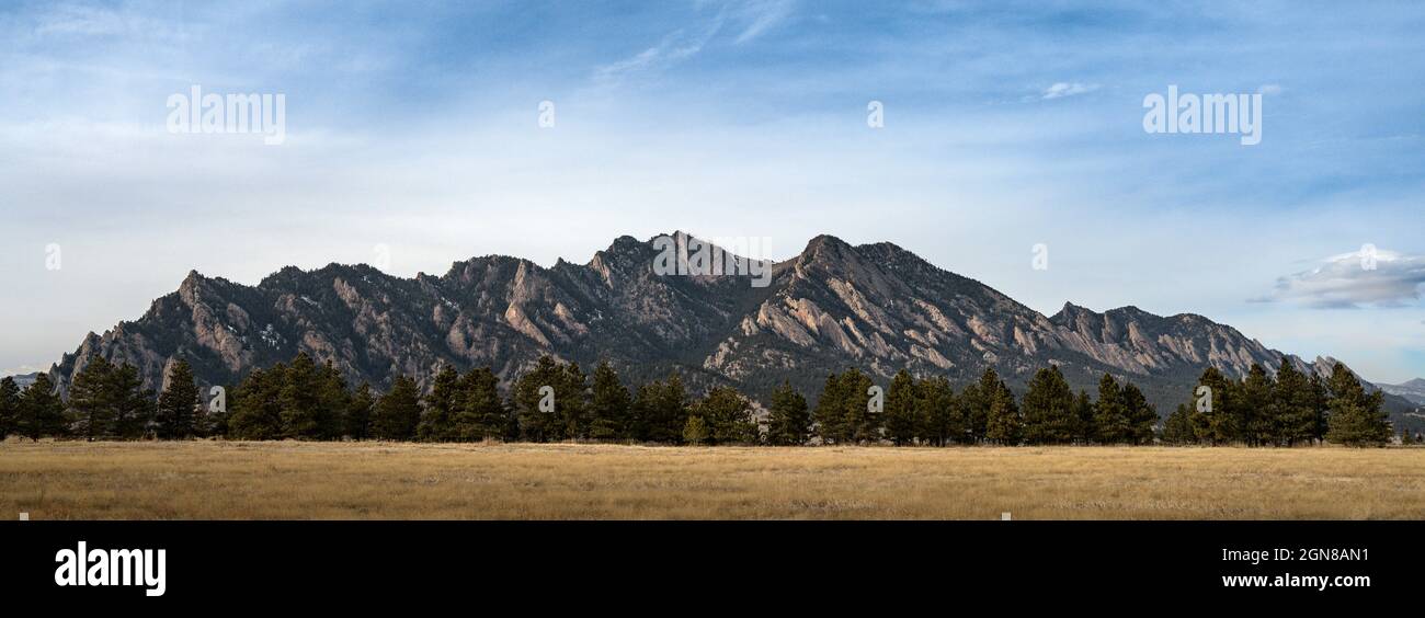 A panorama of the Flatirons in Boulder, Colorado Stock Photo