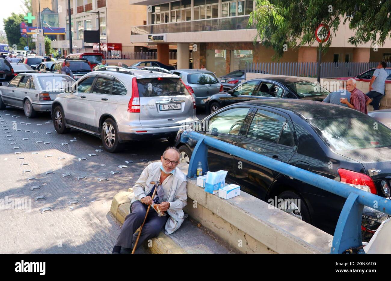 A long queue of cars before a gas station, Beirut, Lebanon, September