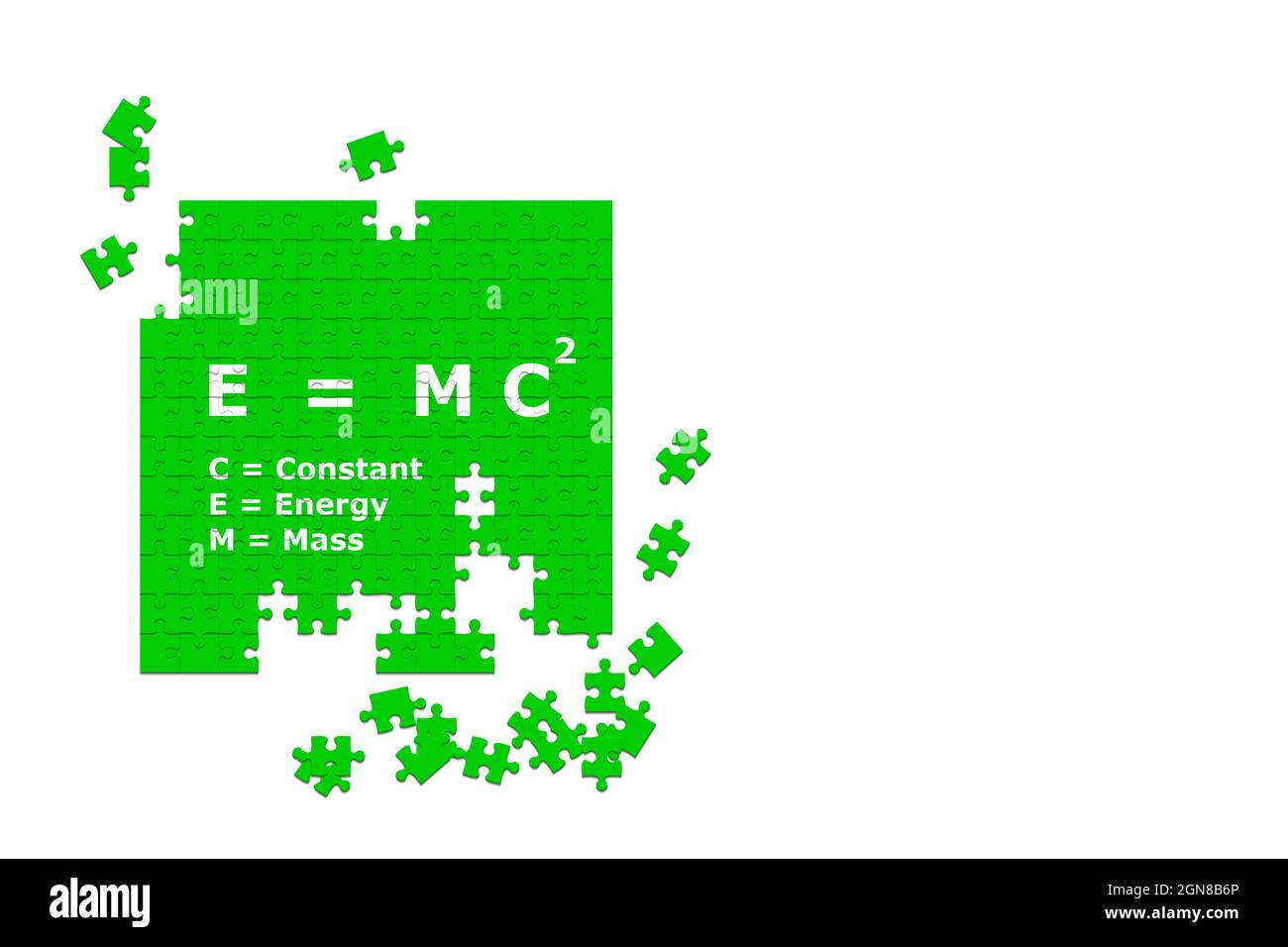 Einsteins theory of relativity to mean Mass-energy equivalence equation is theory of special relativity. E = mc2 a jigsaw puzzle solution Stock Photo