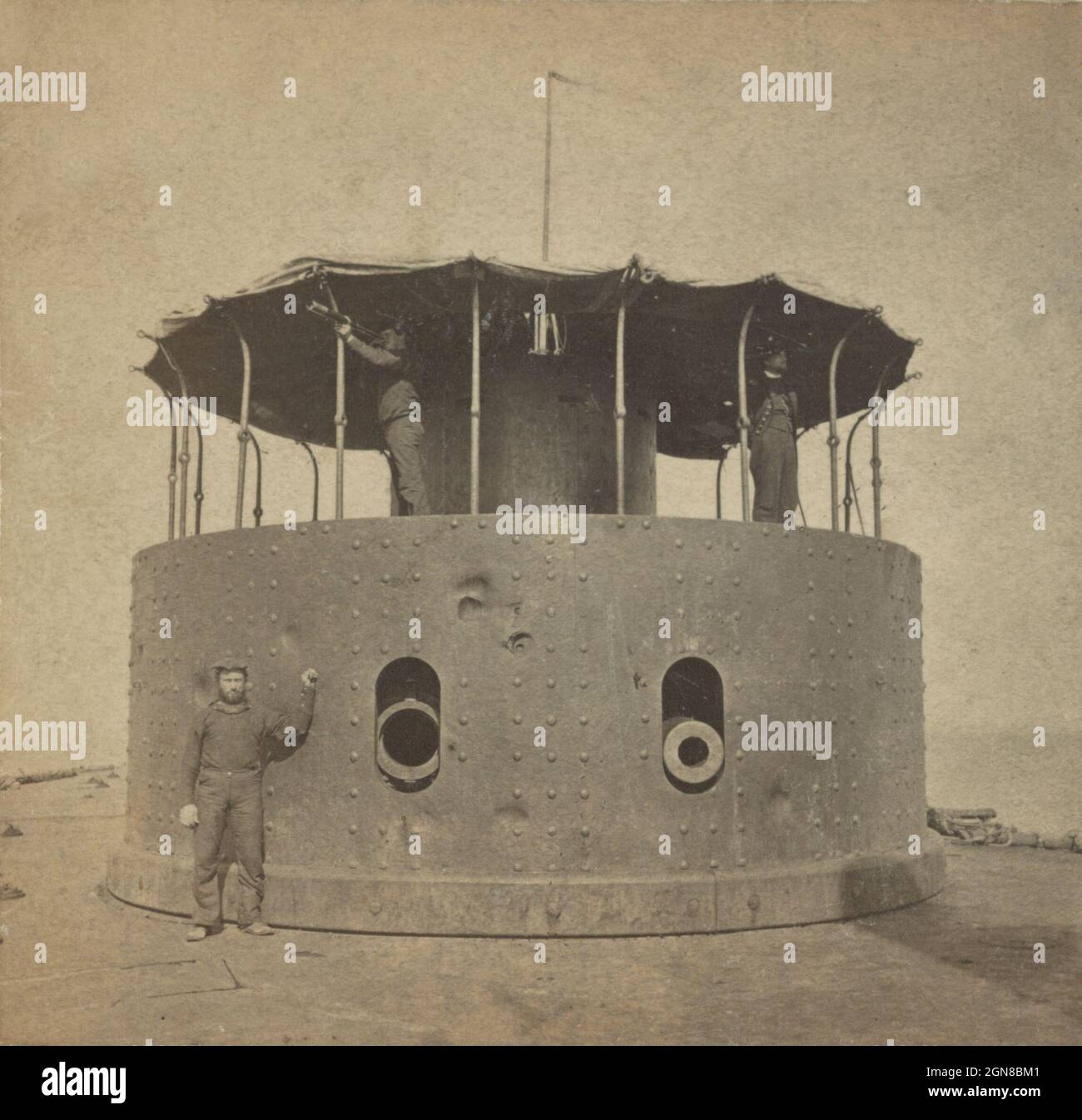 Vintage photograph circa 1863 of the gun turret of the Union ironclad monitor USS Passaic in Charleston harbour during the American civil war Stock Photo