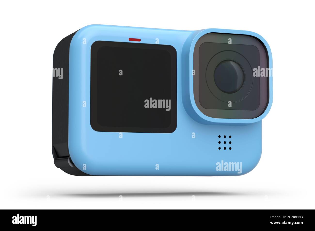 Photo and video lightweight blue action camera with display on white ...