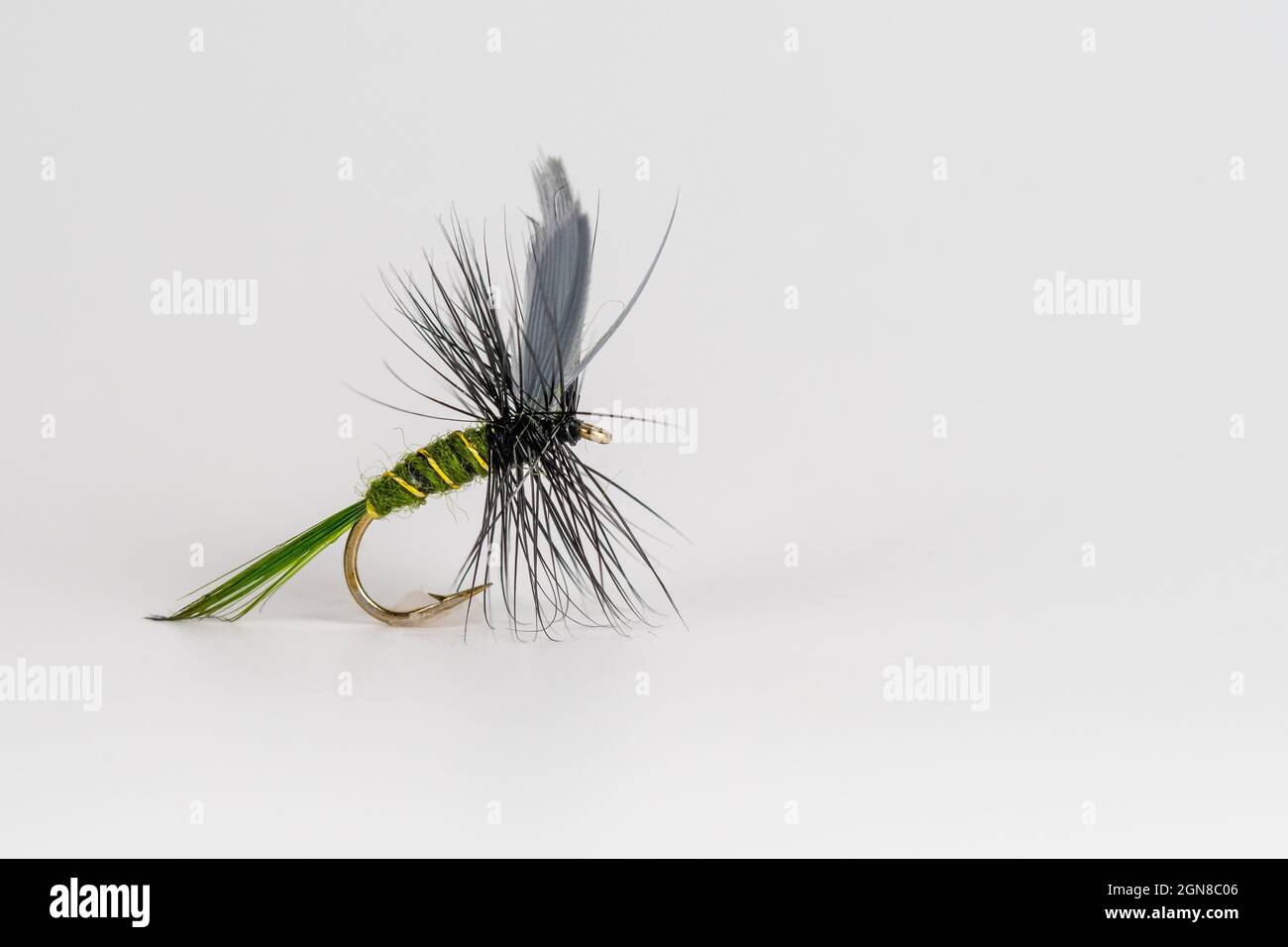 Traditional Upstream Dry Trout fly fishing Fly Pattern Dark Olive Stock Photo