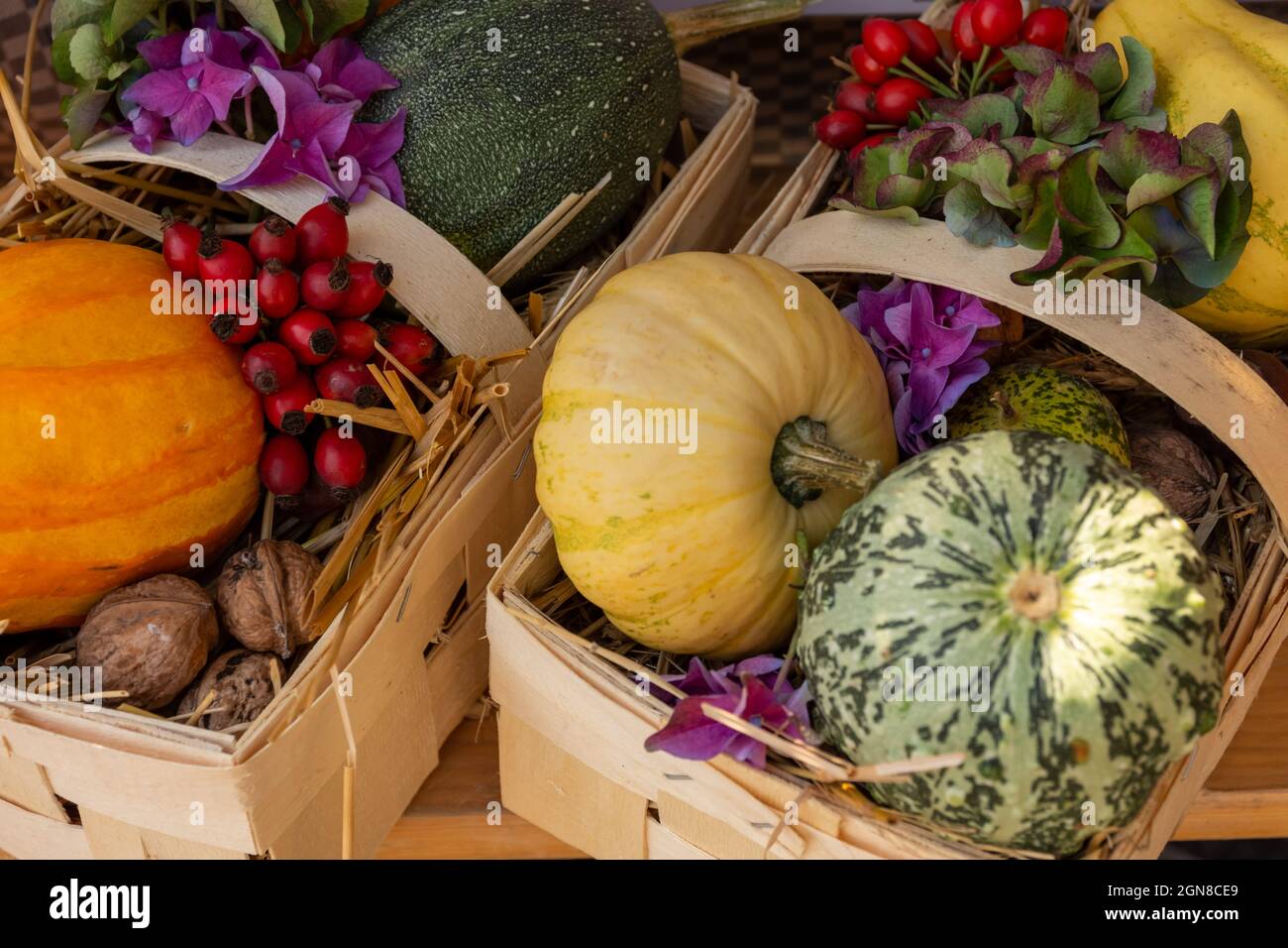 Closeup of different types of vegetables in the baskets Stock Photo - Alamy