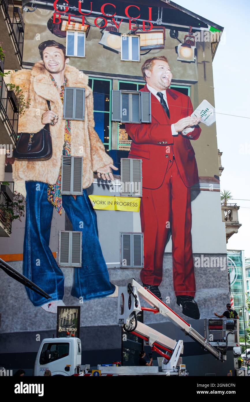 Milan, Italy - June 30: View of the Belowed show; the murales of Harry and James Corden by Harmony Korine at Gucci Wall of Milan on June 30, 2021 Stock Photo