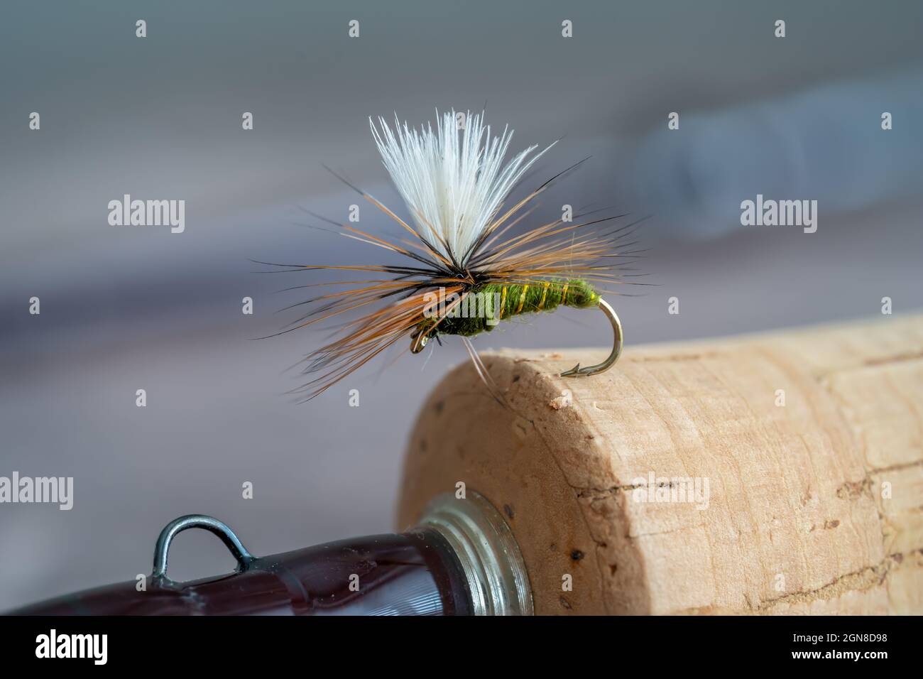 Selected Focus Greenwells Glory Parachute dry fly fishing fly hooked into the handle of a fly rod with hook eye Stock Photo