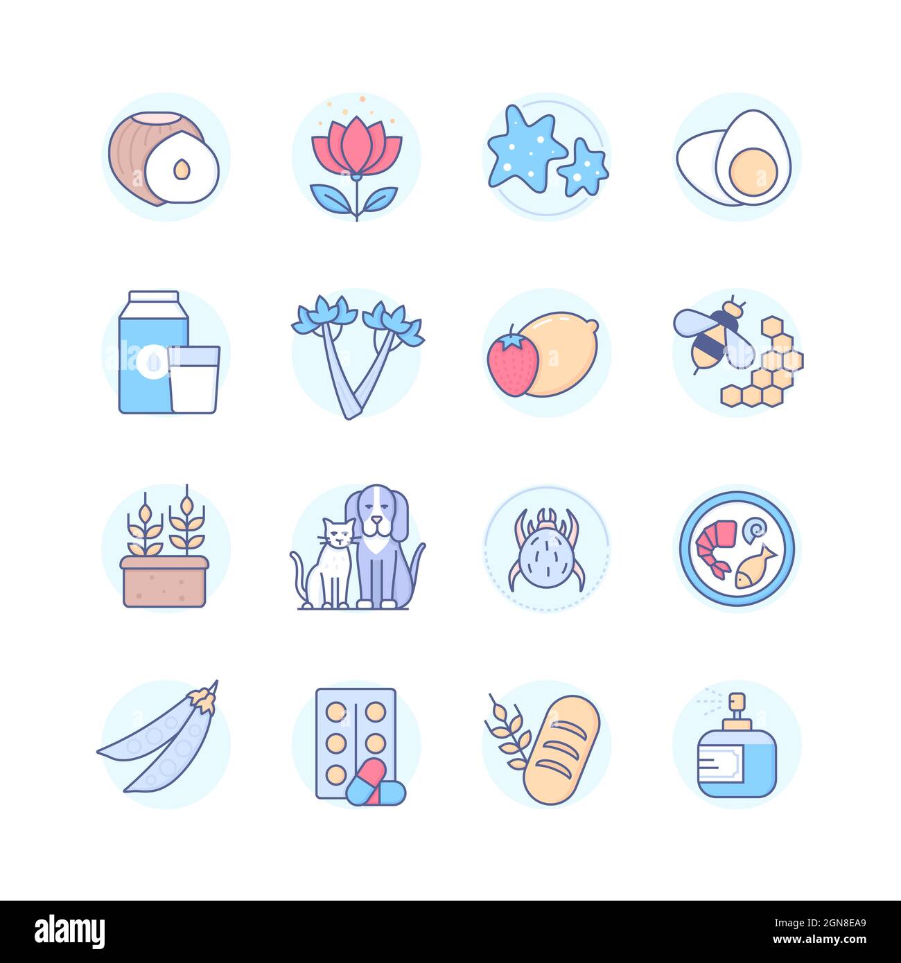 Allergens - colorful line design style icon set. Products and food that provoke allergic reactions. Nuts, pollen, mold, eggs, lactose, celery, fruits, Stock Vector
