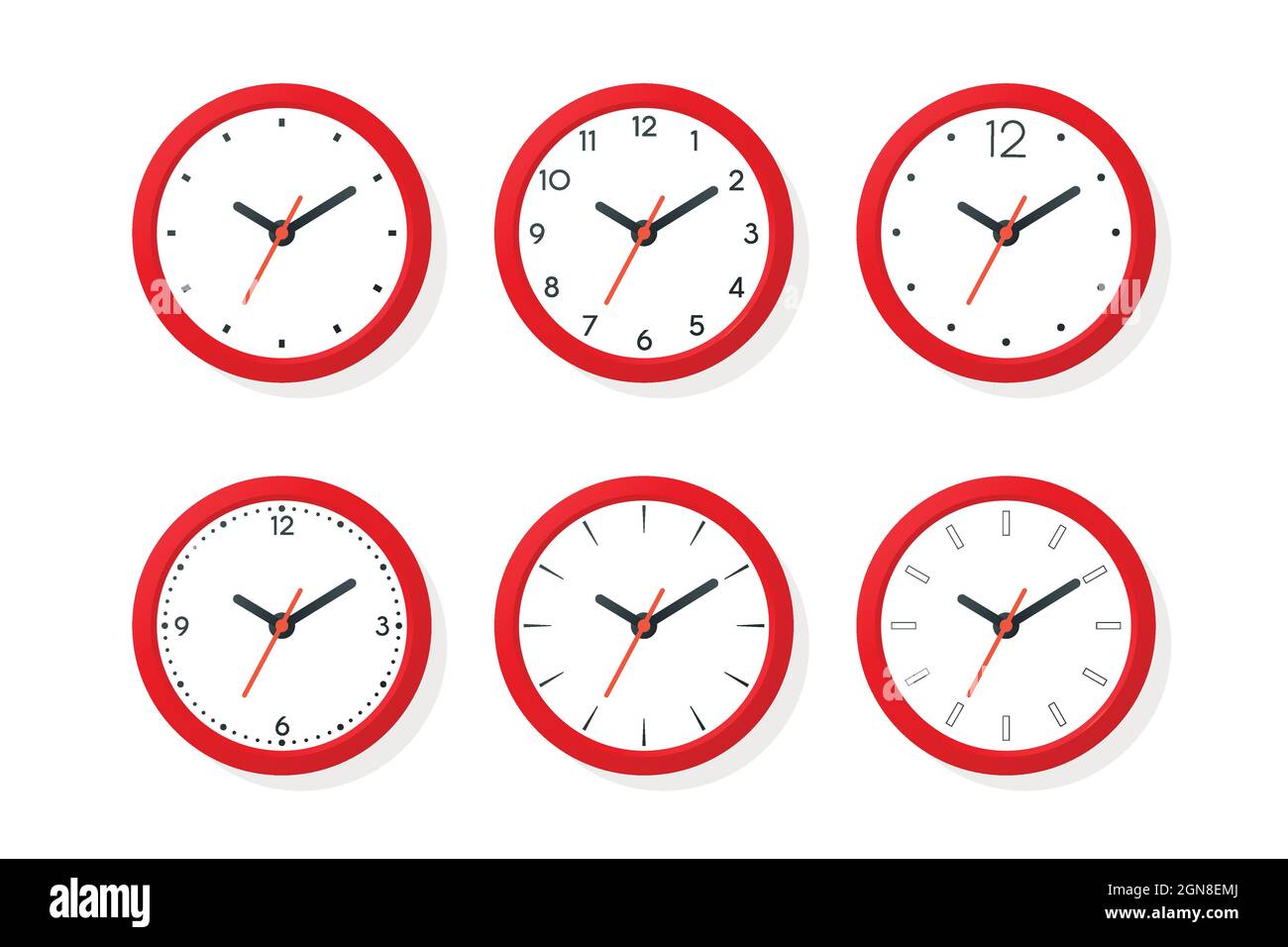 Flat Vector Red Wall Office Clock Icon Set Isolated. White Dial. Design ...
