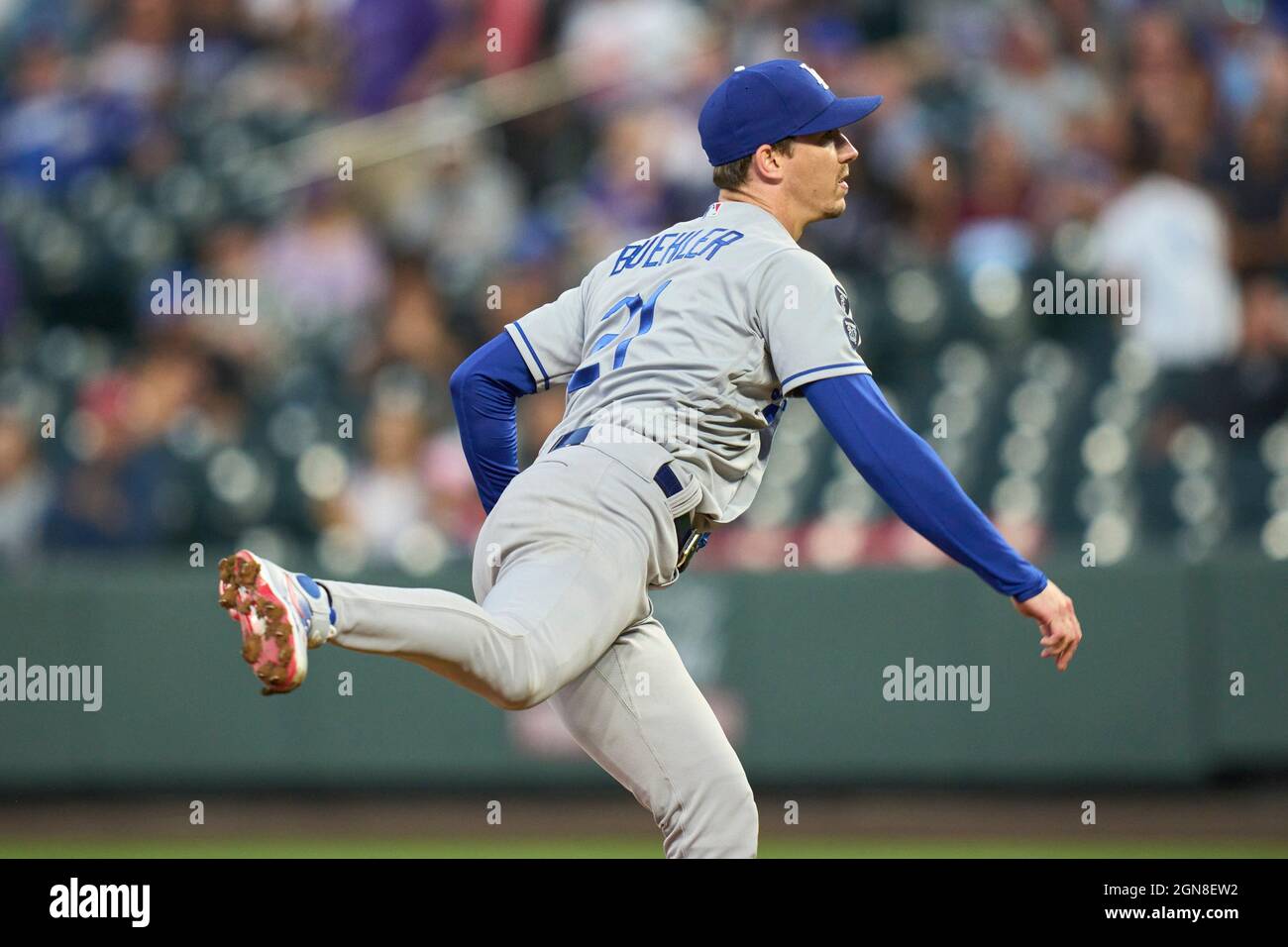 April 8 2022: Los Angeles pitcher Walker Buehler (21) makes a pitch during  the game with Los Angels Dodgers and Colorado Rockies held at Coors Field  in Denver Co. David Seelig/Cal Sport