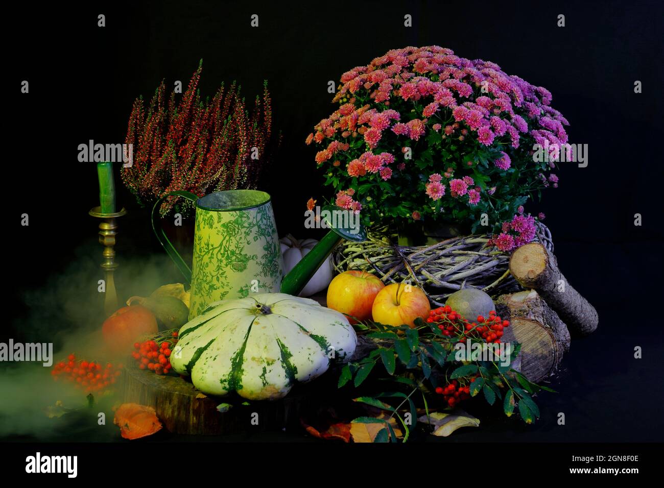Autumnal still life with fruits and flowers Stock Photo - Alamy