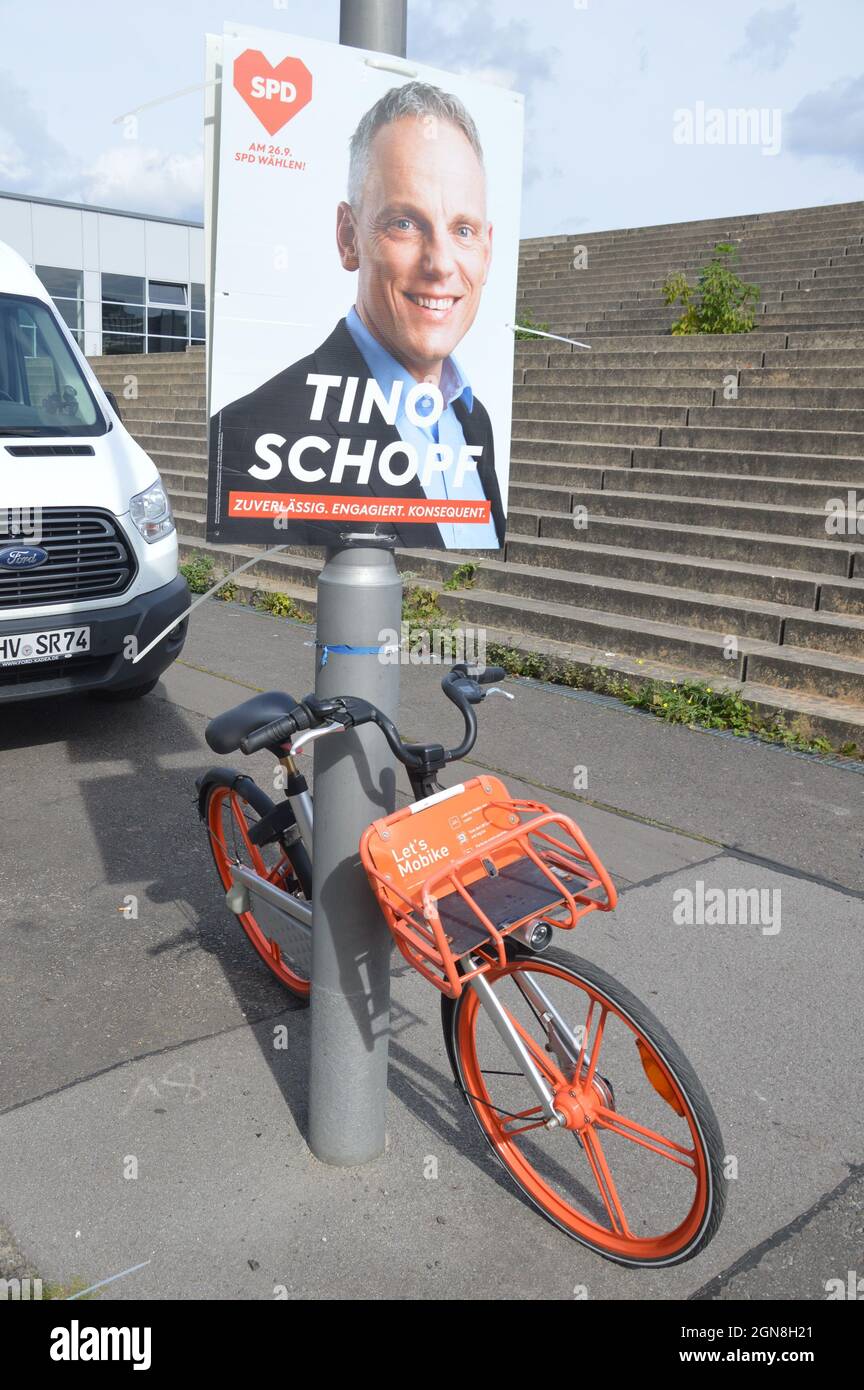 Campaign poster of Tino Schopf (SPD) at Fritz Riedel Strasse in Prenzlauer Berg, Berlin, Germany - Septemper 21, 2021. Stock Photo