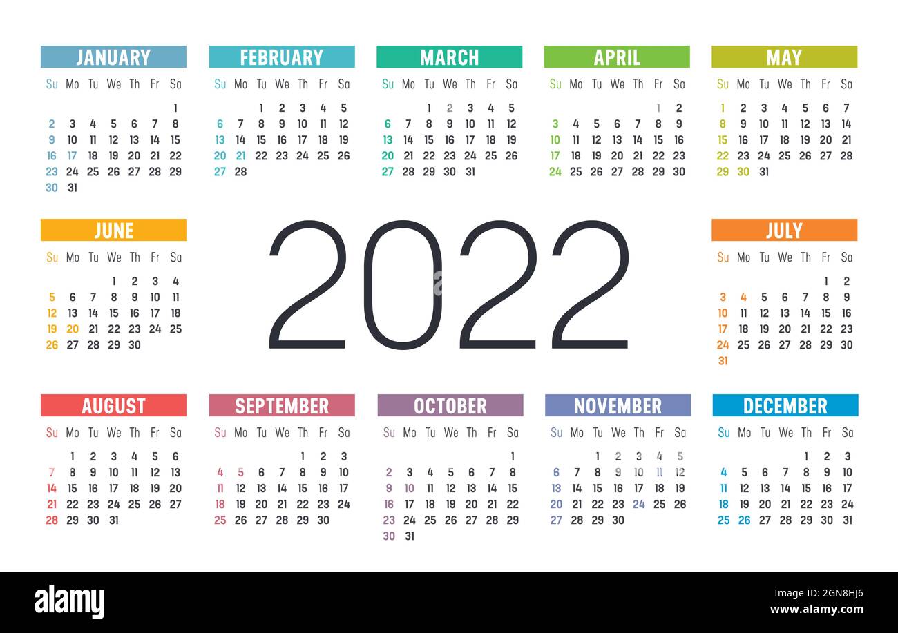 Year 2022 one page colorful calendar, on white background. Vector template. Stock Vector