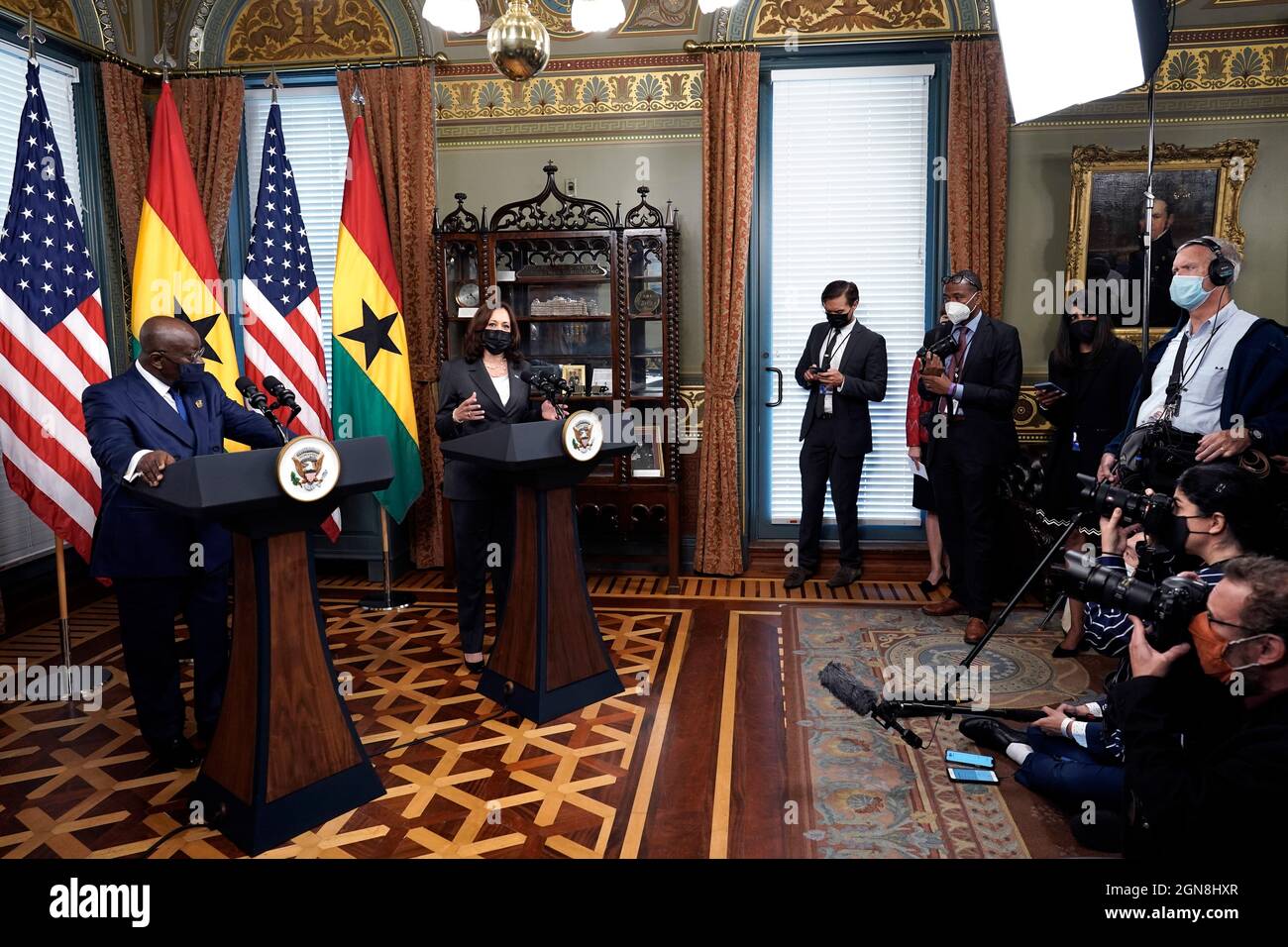 United States Vice President Kamala Harris Welcomes President Nana Akufo Addo Of Ghana Face Reporters Before Their Meeting In The Vice President S Ceremonial Office In The Eisenhower Executive Office Building In Washington Dc