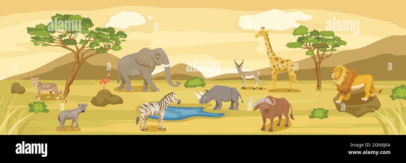 African Savannah Wild Animal Set. Lion, Rhino, Zebra, Buffalo, Giraffe,  Flamingo, Leopard, Gazelle, Elephant, Hyena. Flat Vector Illustration.  Animals Stock Vector Image & Art - Alamy