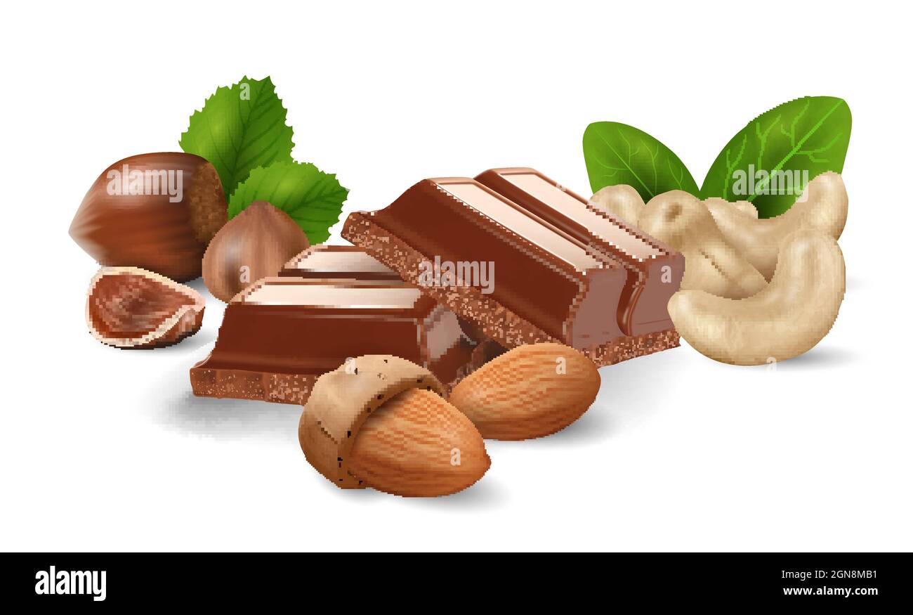 Broken chocolate bars with mix of nuts on white background, realistic vector illustration close-up Stock Vector